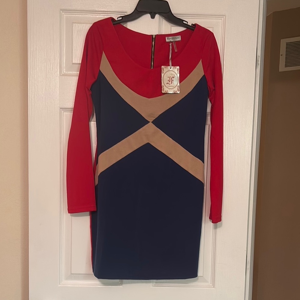 Red and Blue Long Sleeve Bodycon Dress for Cocktail